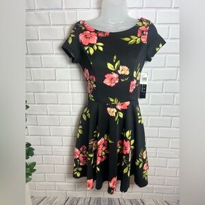 TRIXXI Black and Pink Fit and Flare Mini Dress with Bateau Neckline/size S